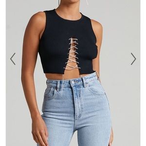 LIONESS HILTON RHINESTONE LACE UP CROP TOP TANK